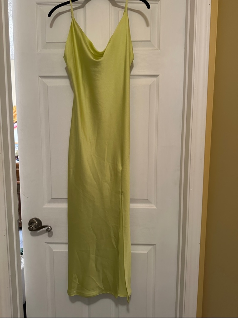 Women’s Satin Cowl Neck Maxi Dress in Chartreuse